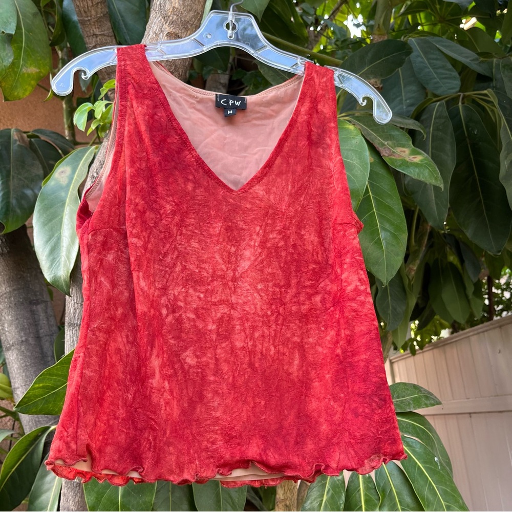 CPW Red Textured Top with a lettuce hem.